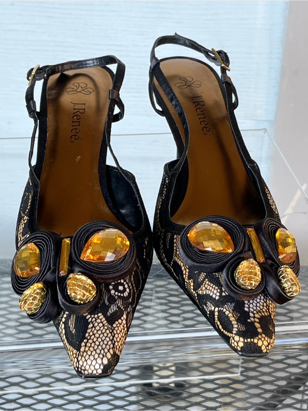 J. Renee Black Lace Slingback Pumps with Gold Gem Accents